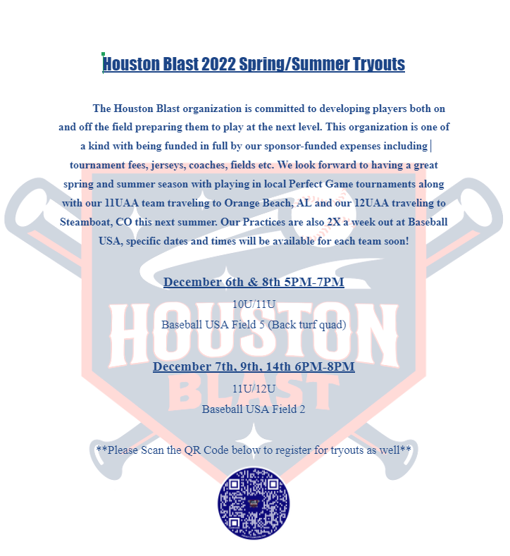 HoustonBlast's tweet photo. The Houston Blast organization will be having tryouts soon! Check out the flyer below for more information! https://t.co/1zAa9q7yiz