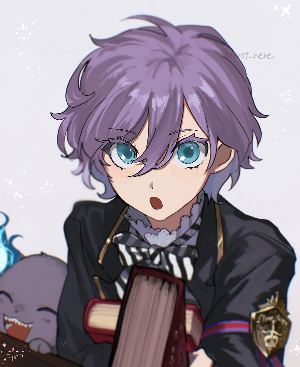 book bow purple hair male focus holding blue eyes open mouth  illustration images