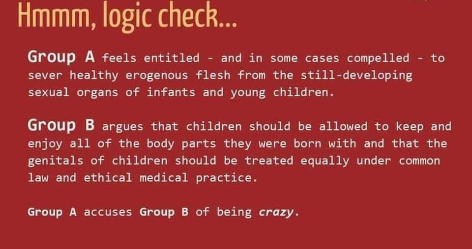 PamelaG59282196's tweet photo. 🤔🤔 Only crazy people believe children should have basic human rights. 🥴🥴
#NotYourPenis
#StopCuttingChildrensGenitals
💙💙💙💙 https://t.co/7mbo2CcHON