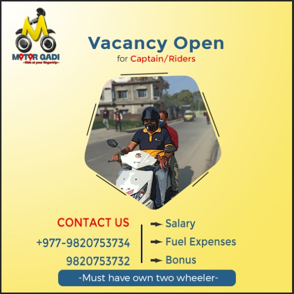 ~~VACANCY OPEN ~~
Captain/ Rider Wanted
To be Paid salary, Fuel Expenses, Bonus, and many more Benefits.
Contact for more details: +977-9820753734, 9820753732
Address: Itahari NTC Road near Army camp
🛵 🛵 🏍️ 🏍️
#MotorGadi #RideSharing #Smartpeople #Emergency
#AirportService