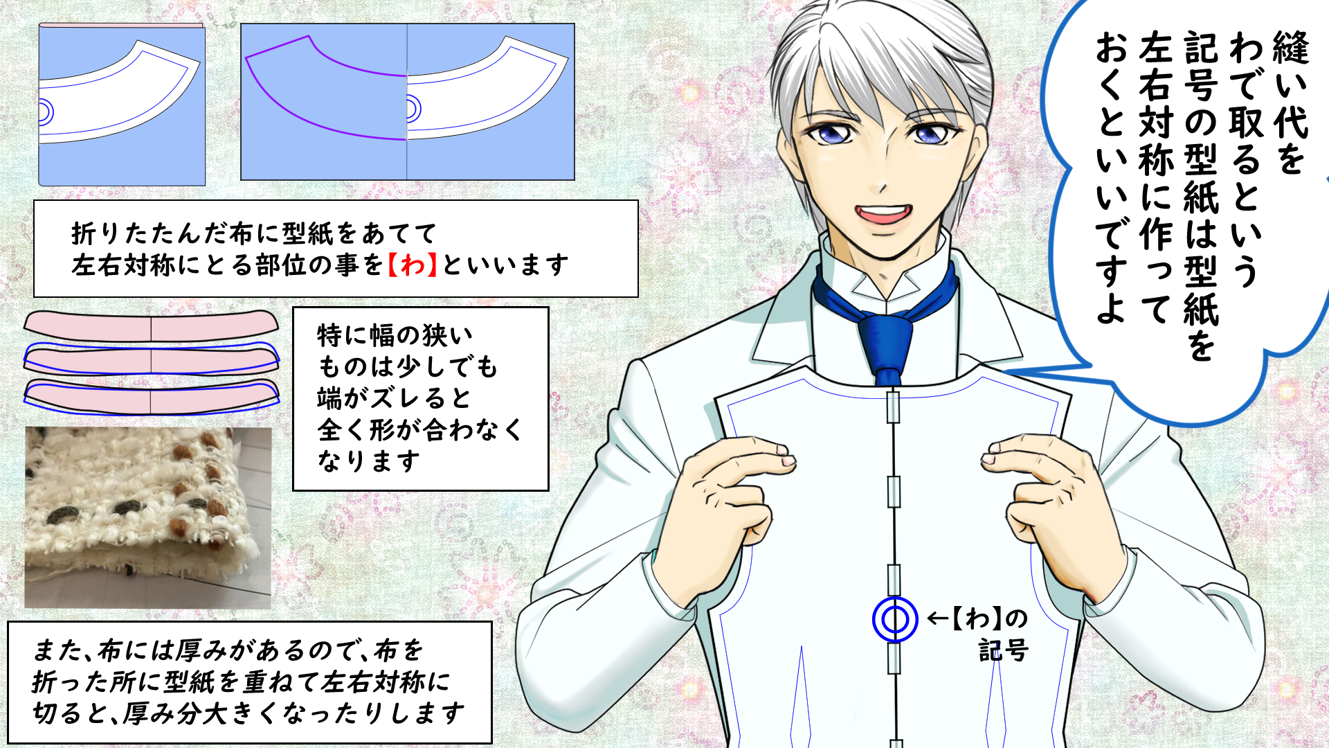 Twitter 上的 服の作り方と型紙うさこの洋裁工房 洋裁の本とか わ で取るという型紙がありますが ほんの少しずれたり布の厚みで形が変わって 部品を合わせた時に合わなかったりするので 型紙自体を別の紙に写して左右対称にすると 縫いやすくなりますよ もっと