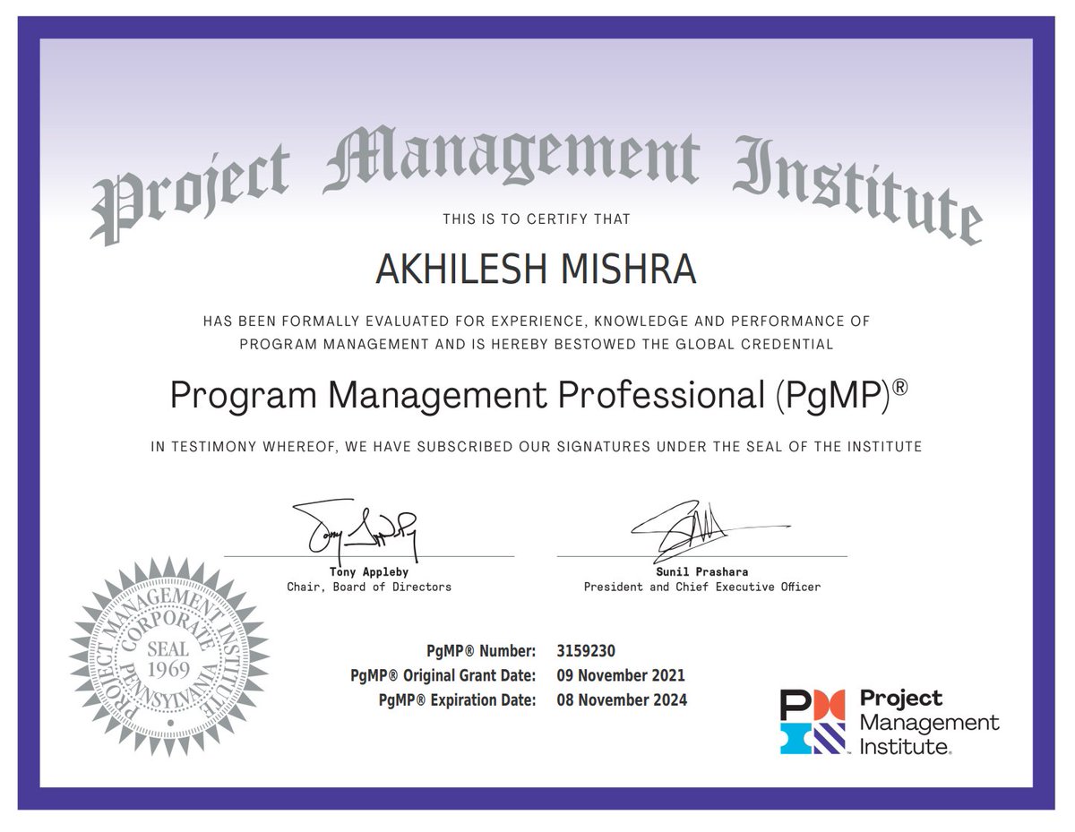 addonskills's tweet image. Join us to Congratulate our alumnus Mr. Akhilesh Mishra who works with @Cognizant for his #PgMP certification success. Aspirant, WhatsApp us at "+91 787-556-1193" for more info.
#addonskills #programstrategy #programmanagement #pgmptraining #pgmpcertification #addingskillstolead