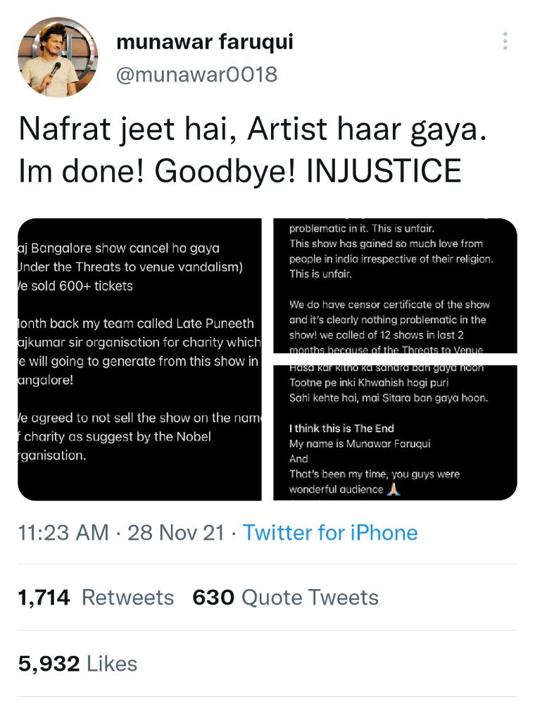 AhmedKCSpeaks's tweet photo. Nafrat jeet gai Artist haar gaya
We Support You @munawar0018

Baseless Complaint against comedian Munawar Faruqui in Bangalore. 

Complaint alleges that “it could create chaos and disturb public peace and harmony”
#MunawarFaruqui https://t.co/KwjyI5H8jT