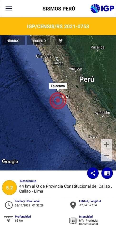 YaeTeInforma's tweet photo. 🔴 #Sismo en #Callao 🔴
Temblor de 5.2 grados de magnitud sacudió el oeste de la Provincia Constitucional del #Callao. Se registró a las 1:32 a.m. de este domingo en #Lima, informó el Instituto Geofísico del #Perú (@igp_peru). https://t.co/CkX7OFXO2v