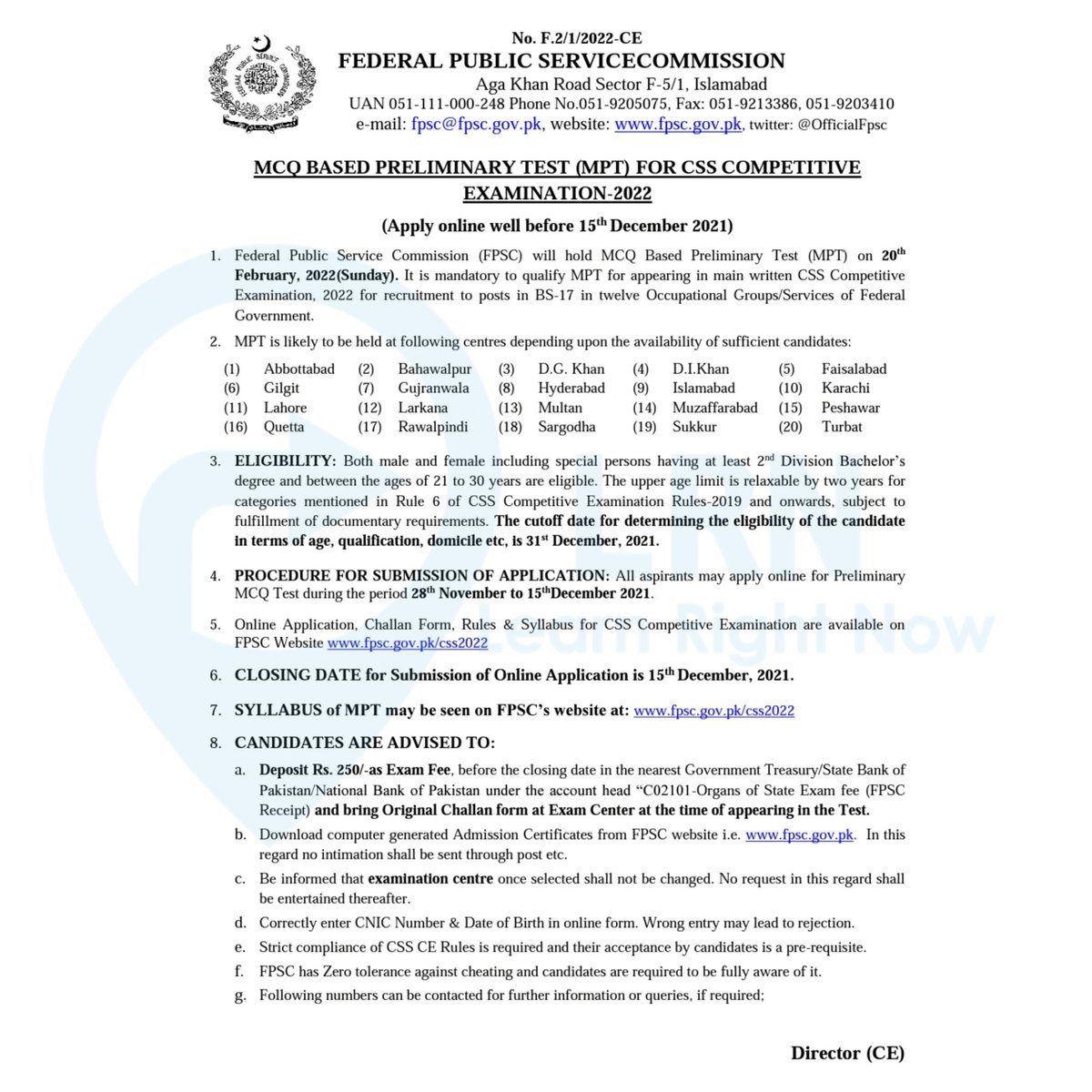 LearnRightNowHQ's tweet photo. PUBLIC NOTICE
by @OfficialFpsc
#CSS2022 MCQ Based Preliminary Test (MPT) Deadline: 15-12-2021
Stay Tuned w/ @LearnRightNowpk
@GovtofPakistan @FPSC_Islamabad #BreakingNews #CE2022 #ScreeningTest #Prelims #civilservices #CSA #48thCommon #49thCTP #49thCommon #Pakistan #Omicron https://t.co/00JFQ9Ocpg