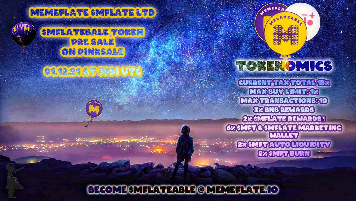 memeflate's tweet photo. MemeFlate $MFLATE Ltd 

🎈$MFlateable ($MFT) Token🎈 
@pinkecosystem Pre Sale on the 01.12.21 at 3pm UTC
Current Tax total 15%
Max buy limit: 1%✅
Max transactions: 10✅
3% BNB rewards🤑
2% $MFLATE rewards🤑
6% $MFT &amp; $MFLATE dev wallet🤝
2% $MFT auto liquidity✅
2% $MFT burn✅ https://t.co/tSlDvEZdqo