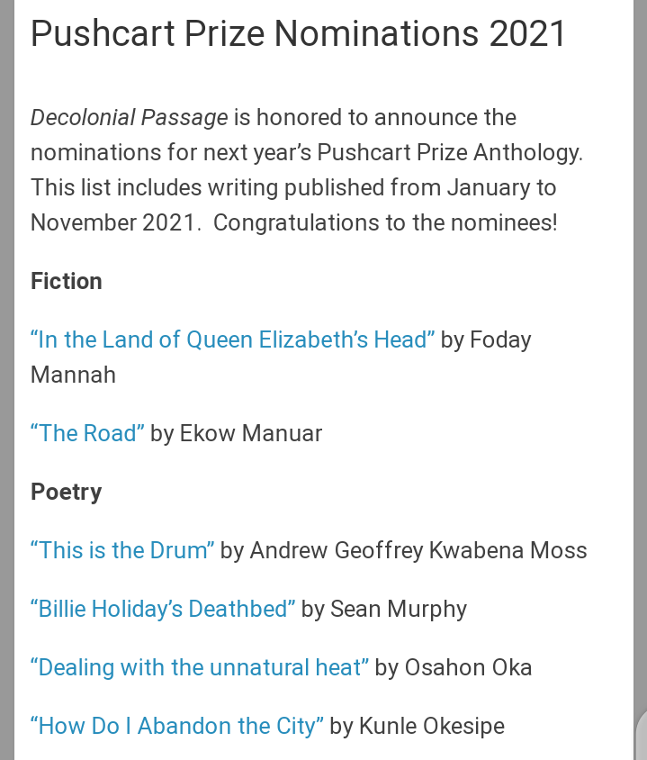 OsahonOka's tweet photo. So @DecolonialP has nominated my poem Dealing with the unnatural heat for the Pushcart Prize Anthology. The same poem is also nominated for Best of The Net. This is my first Pushcart nomination. I don't know where to start my screaming from.  https://t.co/qEU1AOq7EB https://t.co/h4cbeyNJaX