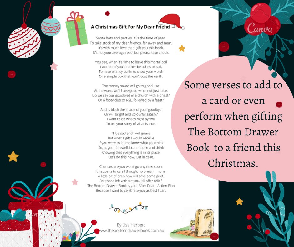 Bottom_Drawer's tweet image. 🎅"Chances are you won't go anytime soon,
It happens to us all though, no one's immune.
A little bit of prep now will save me some grief,
And because I love you that'll bring relief."
thebottomdrawerbook.com.au/shop/
I've penned some poems to make gifting The Bottom Drawer Book easier 🎄