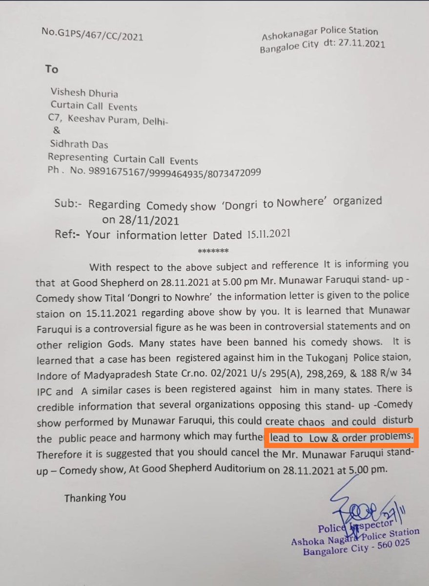 zoo_bear's tweet photo. Munawar Faruqi's show was cancelled because of 'Low &amp; Order problems'! 

Ironically, Motto of Bangalore Police is : 'We Serve, We Protect' https://t.co/8QstH3Aeas