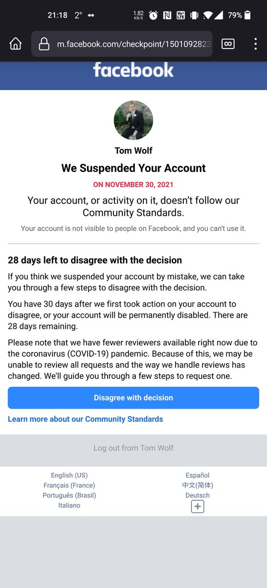 t_dubdub's tweet photo. Hey @Meta, thanks for suspending my Facebook account *in the future* and then demanding a photo ID in order for me to "disagree".  How do I cancel my account when it's in this state?  I do not want you to keep my data. https://t.co/DLeSGs9RFl
