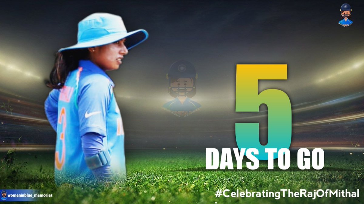 IWomensCricket's tweet photo. Just 🖐 DAYS TO GO... 

In her 5th T20 match @M_Raj03 scored unbeaten 32 runs against SL in 2009 where Ind women won by 5 wickets &amp; She was the player of the match. 
In her 5th ODI she scored 51 runs against Netherlands in 2000.That was her 2nd international half century. https://t.co/dsSa0BXF58