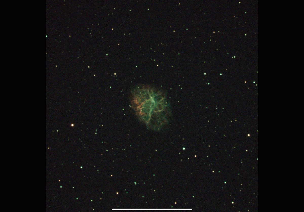 MathCancer's tweet photo. First real experimenting with the 8” EdgeHD. Using the 0.7x reducer, so we’re at f/7, 1477mm focal length.
Testing on #Messier1 the #CrabNebula using @Optolong_filter L-extreme for dual narrowband. First 5 min sub is promising! #Astrophotography https://t.co/9681ZrOCYA