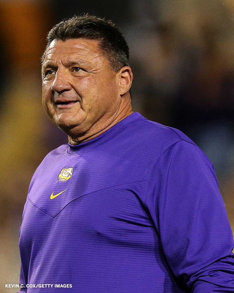 SportsCenter's tweet photo. Ed Orgeron now has a record of 20-12 vs. ranked teams during his tenure at LSU.

The only other coach in LSU history to get 20 ranked wins is Les Miles (42-23). https://t.co/68jdCJfFUO