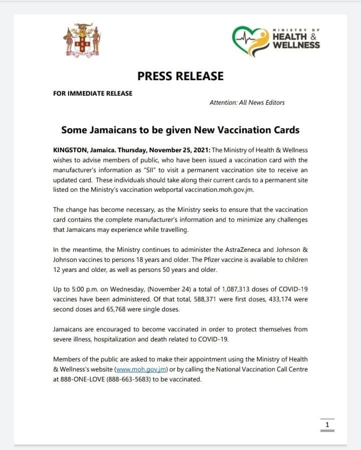 #vaccinationupdate In a press release two days ago, it was said that a new vaccination card with the completed manufacturer information is to be given to a few persons. This implementation is to minimize concerns that may arise from Jamaicans traveling overseas.