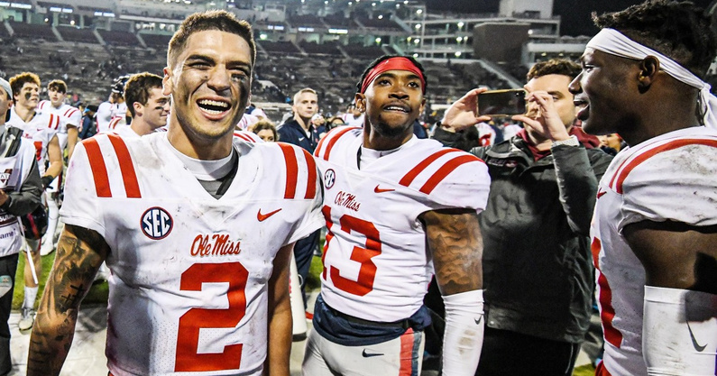 REBELrecruits's tweet photo. MATT CORRAL FOR HEISMAN:
1. Only FBS player with 3300+ pass/500+ rush
2. Has more total offensive yds than Young &amp; Stroud: Corral 3,931, Young 3,562, Stroud 3,468
3. Tougher SOS: OM 10, OSU 33, Bama 50
4. Led OM to first 10-win season 
5. Perseverance: 14 INTs '20; 4 '21
#HEI2MAN https://t.co/Nfaaw2SXEP