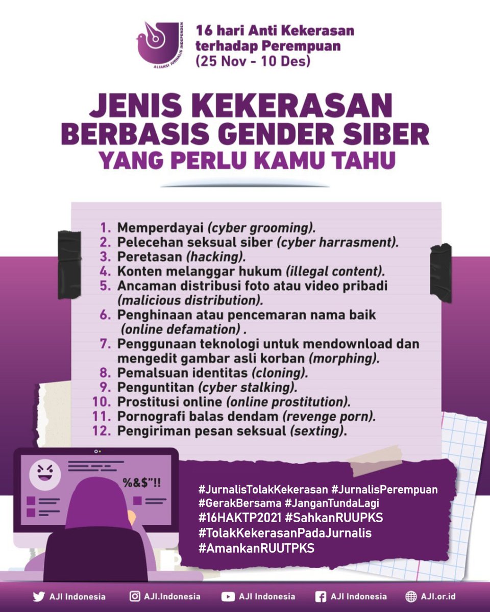 AJIIndonesia's tweet photo. 16 hari Anti-Kekerasan terhadap Perempuan (25 Nov - 10 Des)
#jurnalistolakkekerasan #jurnalisperempuan
#GerakBersama #JanganTundaLagi #16HAKTP2021 #SahkanRUUPKS #TolakKekerasanPadaJurnalis #AmankanRUUTPKS https://t.co/4c12oHbAzh