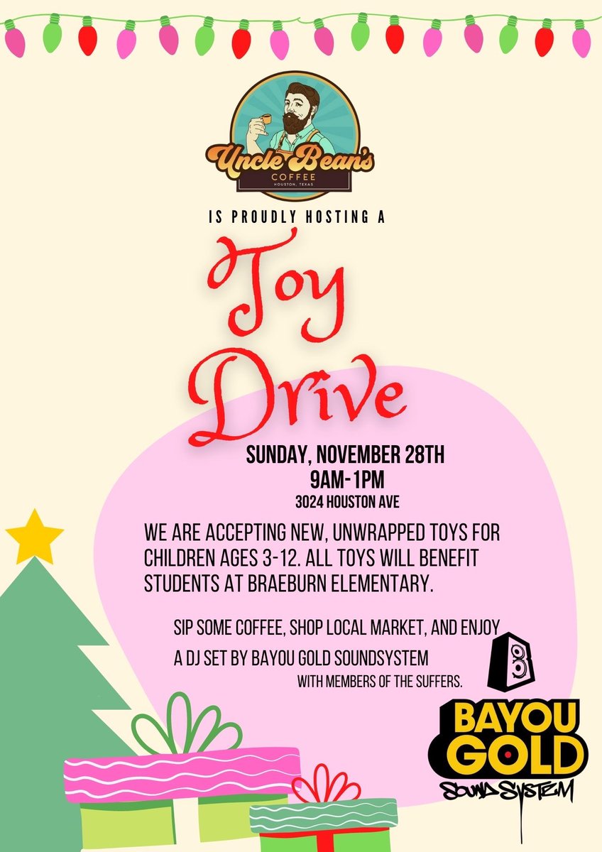 TheSuffers's tweet photo. Catch Chapy, Jon and Razo spinning some tunes at Uncle Beans Coffee in the Heights! There will be a Toy Drive benefiting the kids at Braeburn Elementary. https://t.co/uV5l3XxHqD