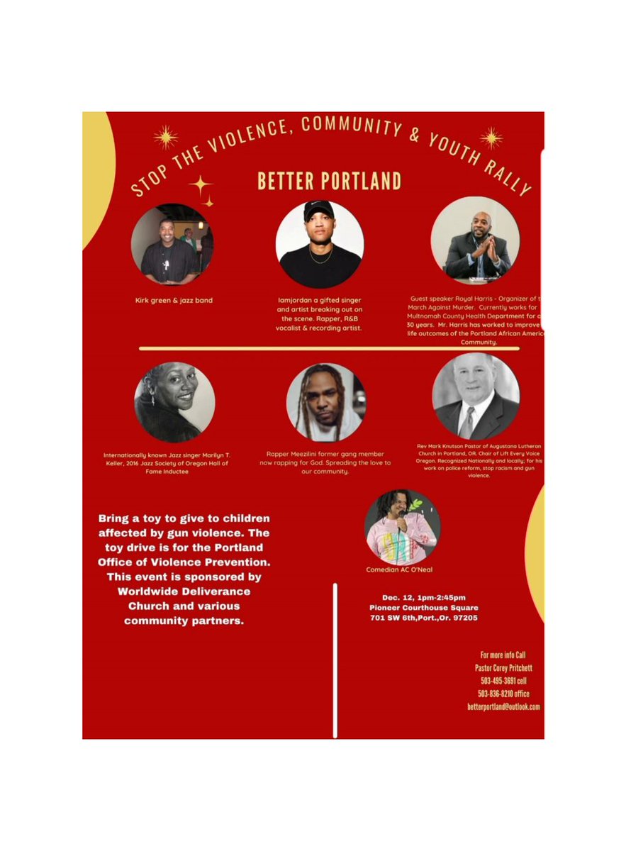 PritchettCorey's tweet photo. Join us for the Better Portland Stop the Violence Community and Youth rally. December 12 Pioneer Courthouse square.
https://t.co/MgZzR2PD5N
#Portland 
#thesquarepdx
#ppl4portland https://t.co/4W1WmE4ES4