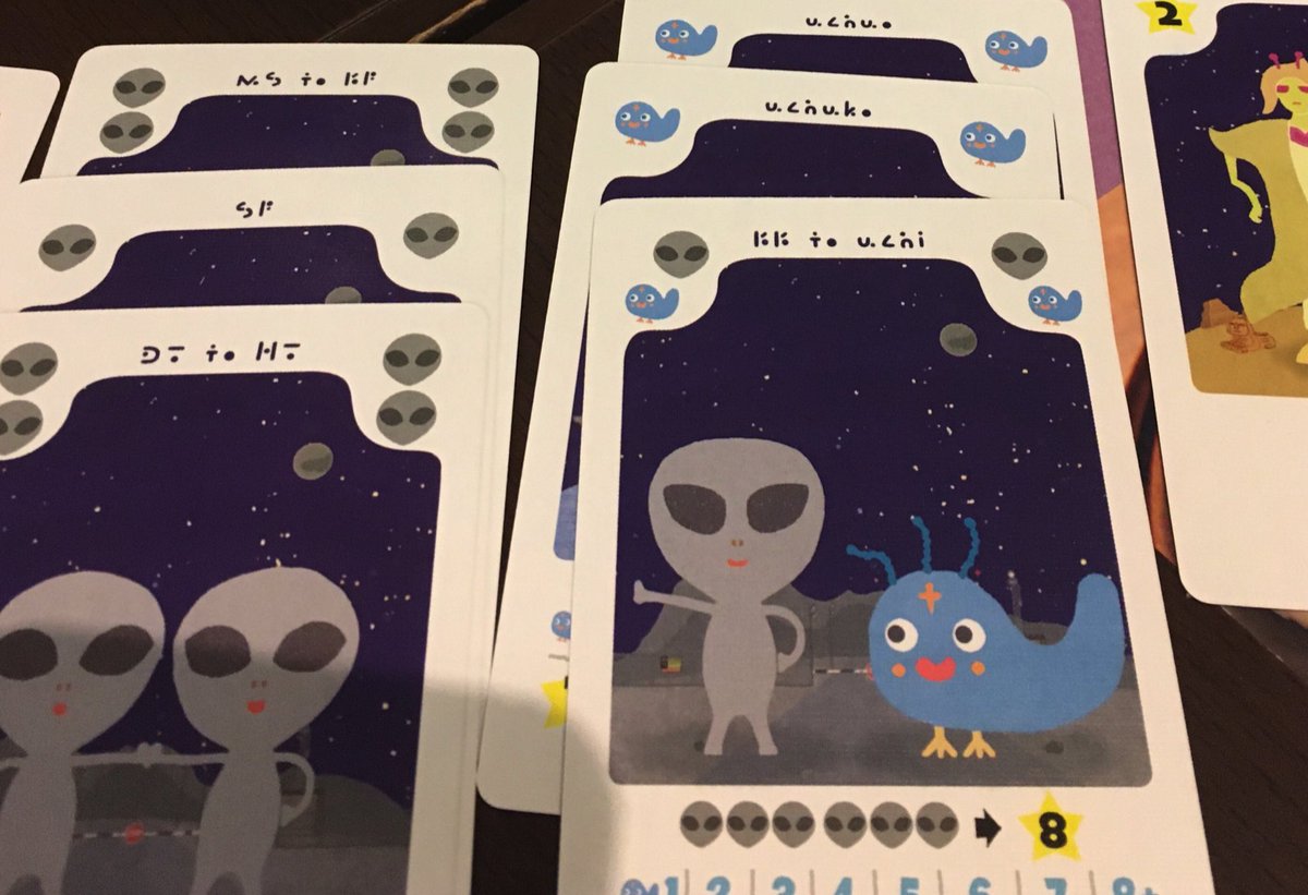 ラララうちゅう新版。
場札と1枚を交換するか、全部を交換するかして、手札を揃えるセットコレクション。2手番毎に手札が終了時領域に行き、ゲームが仕切り直される。6手番やったら全部の手札を合わせて得点計算。
6手番で十分遊んだ感があるのに手番で複雑なことをさせているわけではない。芸術的。◎