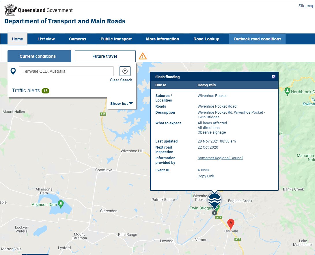 Some flash flooding right now at Twin Bridges, #Fernvale. Traffic cameras and road closures are always a good opportunity to validate accuracy of our #NowCast service.