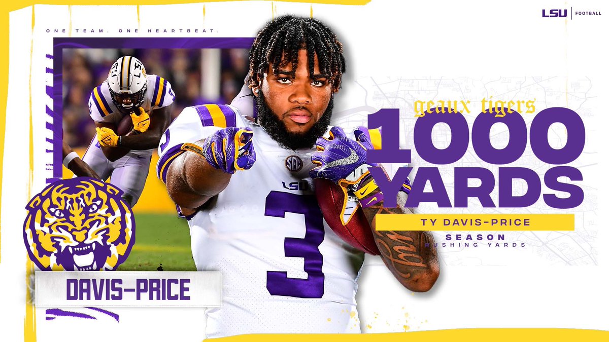 LSUfootball's tweet photo. The 21st 1,000 yard rushing season in LSU history belongs to Baton Rouge’s @TyDavisPrice https://t.co/S3r1G7axHR