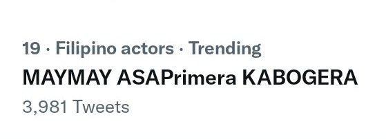 TeamMMEntrata's tweet photo. Our MAYMAY ASAPrimera KABOGERA tagline is trending at 19th spot nationwide. 

@ASAPOfficial @iwantasapofc @olivezarate @darLasauLer @gerromeesguerra @chineebop @danitiongsonjr

@maymayentrata07 #MaymayEntrata 
MAYMAY ASAPrimera KABOGERA https://t.co/lHHK4WLZ7X