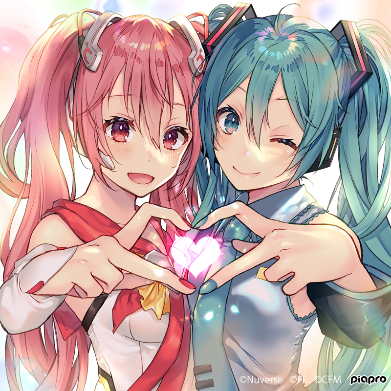 hatsune miku multiple girls 2girls twintails heart hands heart smile heart hands duo  illustration images