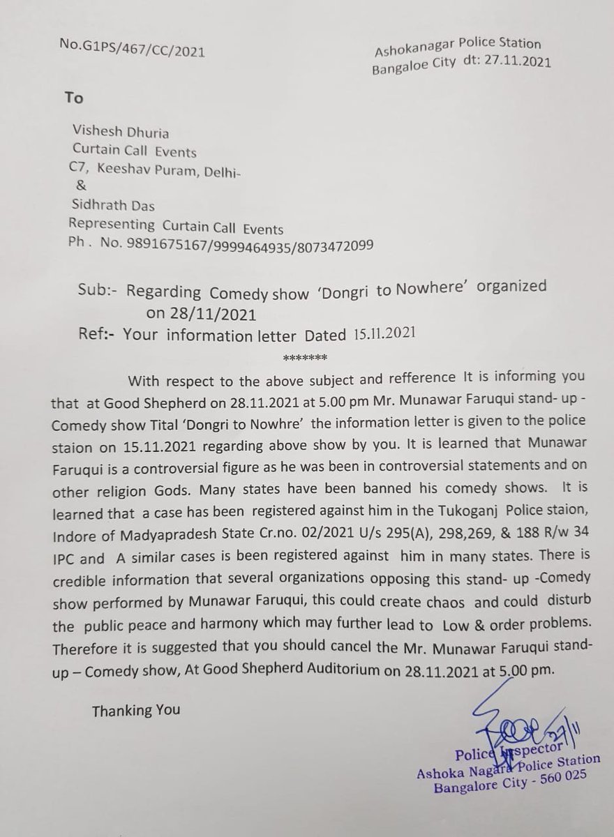 Article14live's tweet photo. "It is learned that #MunawarFaruqui is a controversial figure as he was been (sic) in controversial statements and on other religion Gods. Many states have banned his comedy shows..." 
Instead of assuring security @BlrCityPolice "suggest" organisers cancel today's comedy act https://t.co/fGQqVEbEwW