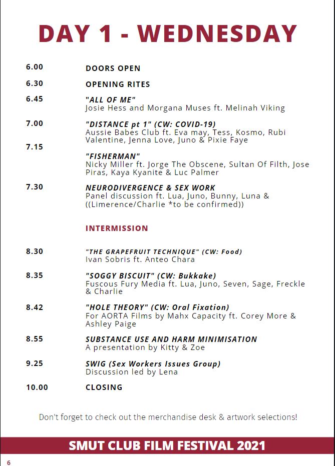 FilmSmut's tweet photo. 🔥SMUT CLUB LINEUP🔥

DAY 1 - WED

📽️ALL OF ME 
📽️DISTANCE: I *CW Cov19
📽️FISHERMAN
👄Neurodivergence &amp; Sex Work
📽️THE GRAPEFRUIT TECHNIQUE *CW Food
📽️SOGGY BISCUIT *CW Bukkake
📽️HOLE THEORY *CW Oral Fixation
👄 Substance Use &amp; Harm Minimisation
👄SWIG Sex Workers Issue Group https://t.co/9HCbEFT1dp