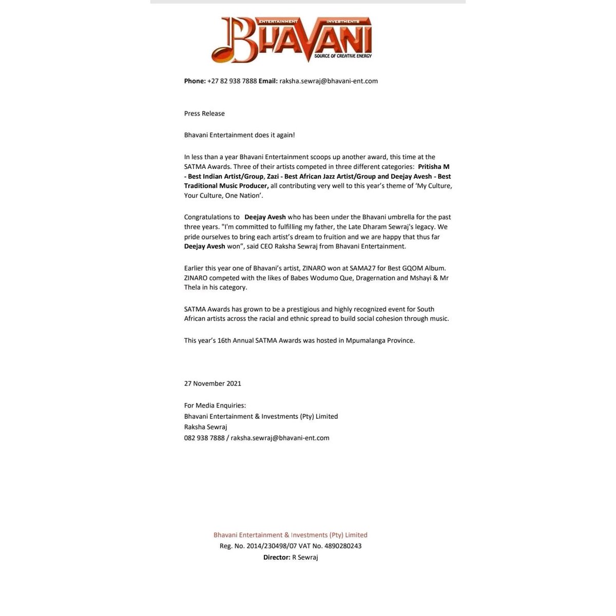 Bhavani does it once again!  SATMA 2021 Award Winnner

Congratulations to Deejay Avesh (Best Traditional Producer - Chal Gaye Nana)