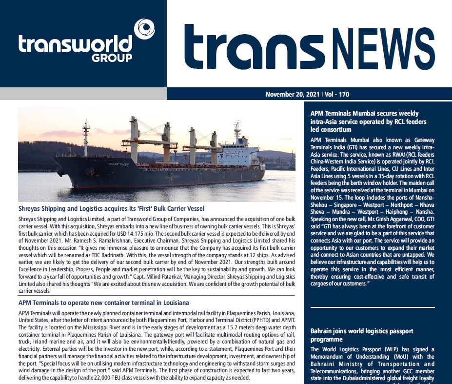 TransworldTweet's tweet photo. #ShippingNewsUpdates - #ShreyasShipping and Logistics acquires its ‘First’ #BulkCarrier Vessel | #APMTerminals #Mumbai secures weekly intra-Asia service operated by RCL feeders led consortium.
Read more: https://t.co/DPUg28RZfo
#TransworldGroup #TransNEWS #IndustryNews #News https://t.co/TAECJAmjVc