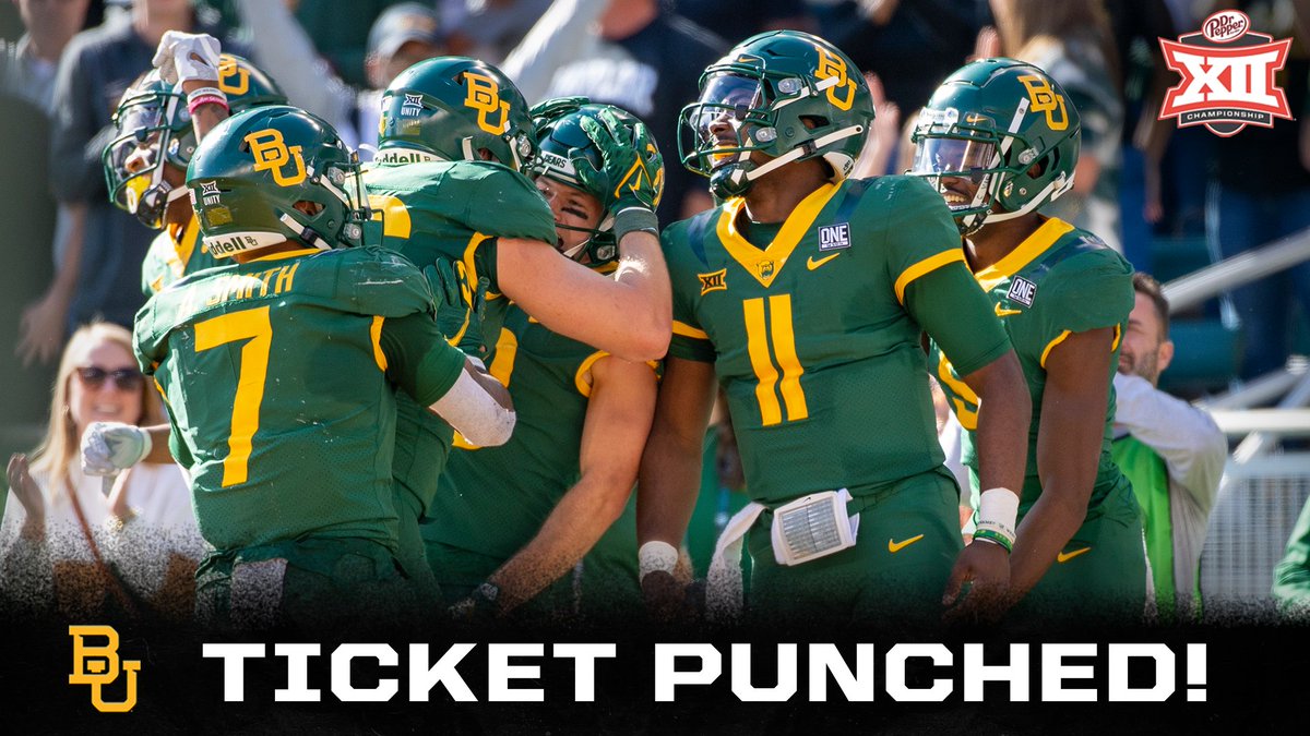 Big12Conference's tweet photo. 🚨🏆 @BUFootball is Championship Bound! 

The Bears have secured their spot in the @drpepper #Big12FB Championship on Dec. 4 at @ATTStadium. They will battle Oklahoma State for the Big 12 Title. 

🎟️ https://t.co/WYdJLvAI3h https://t.co/sCVyKwFOBf