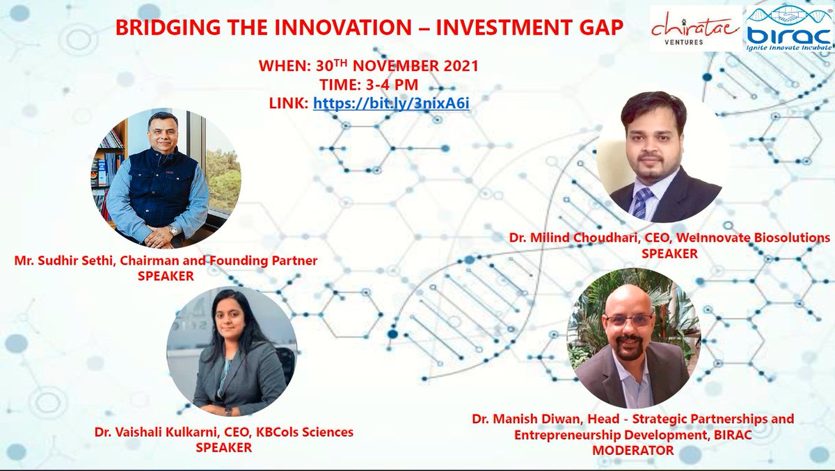 Join us as  <a href="/sudhirksethi/">Sudhir Sethi</a> <a href="/milindbio/">Milind Choudhari</a> <a href="/Vaishali1409/">Vaishali Kulkarni</a>  <a href="/DrManishDiwan/">Dr. Manish Diwan</a> discuss how to bridge the gap between world-class innovations &amp; venture capital investment in Biotechnology on 30th Nov. At 3 PM.  
Register here- bit.ly/3nixA6i #investment #biotech <a href="/Kailash_nath/">Kailash nath</a>