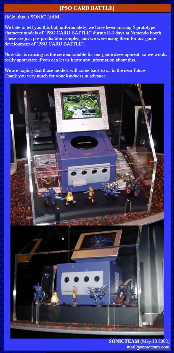 feidian's tweet image. Somebody swiped some prototype figurines for Phantasy Star Online Card Battle from @SEGA during E3 2002. I wonder if they ever turned up?