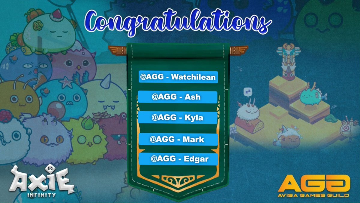 meegamesgg's tweet photo. We are glad to announce our latest #Discord #axieinfinityscholarships, Invite contest Winners. Here goes the list.
 
@AGG - Watchilean 
@AGG - Ash 
@AGG - Kyla 
@AGG - Mark 
@AGG - Edgar 

Congratulations guys 🥳Welcome to 
@AvisaGuild

#AxieScholarship #AvisaGamesGuild https://t.co/uBtDASK0wK
