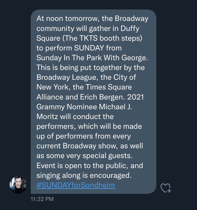 LouisPeitzman's tweet photo. Passing along from @erichbergen. I will be there, trying and failing not to have a full breakdown in public. Let’s sing and hug and cry. #SUNDAYforSondheim https://t.co/yXbBc6O93b