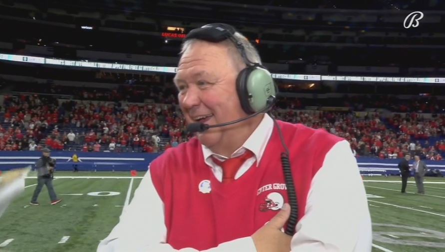 OliviaRayTV's tweet photo. "Well, I lost more kidneys than I did football games this year." Eric Moore is a national treasure.

He reflected on his 22nd year as head coach &amp; @cg_sports's 2nd straight title, saying, "It's a dream, a passion.  It's what kept me going, being with these kids." | @WISH_TV https://t.co/VFMtexd8tu