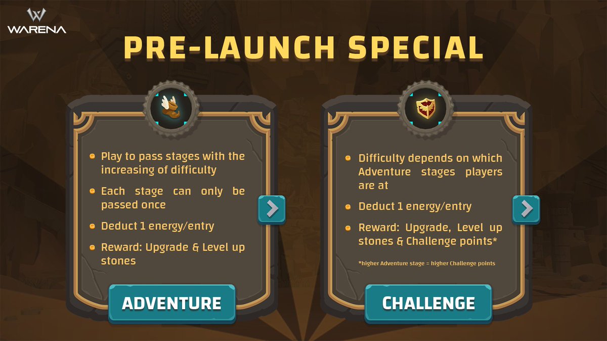 WarenaOfficial's tweet photo. Check out the differences between Adventure &amp; Challenge mode in #Prelaunch

$RENA &amp; $WARE reward will be updated after Prelaunch ends.

Let's join the countdown on our website &amp; be ready for the totally new experiences with Warena 2D Gameplay 😉

#PlayToEarn #NFT #Metaverse #DeFi https://t.co/Bl6hJ9rB6v