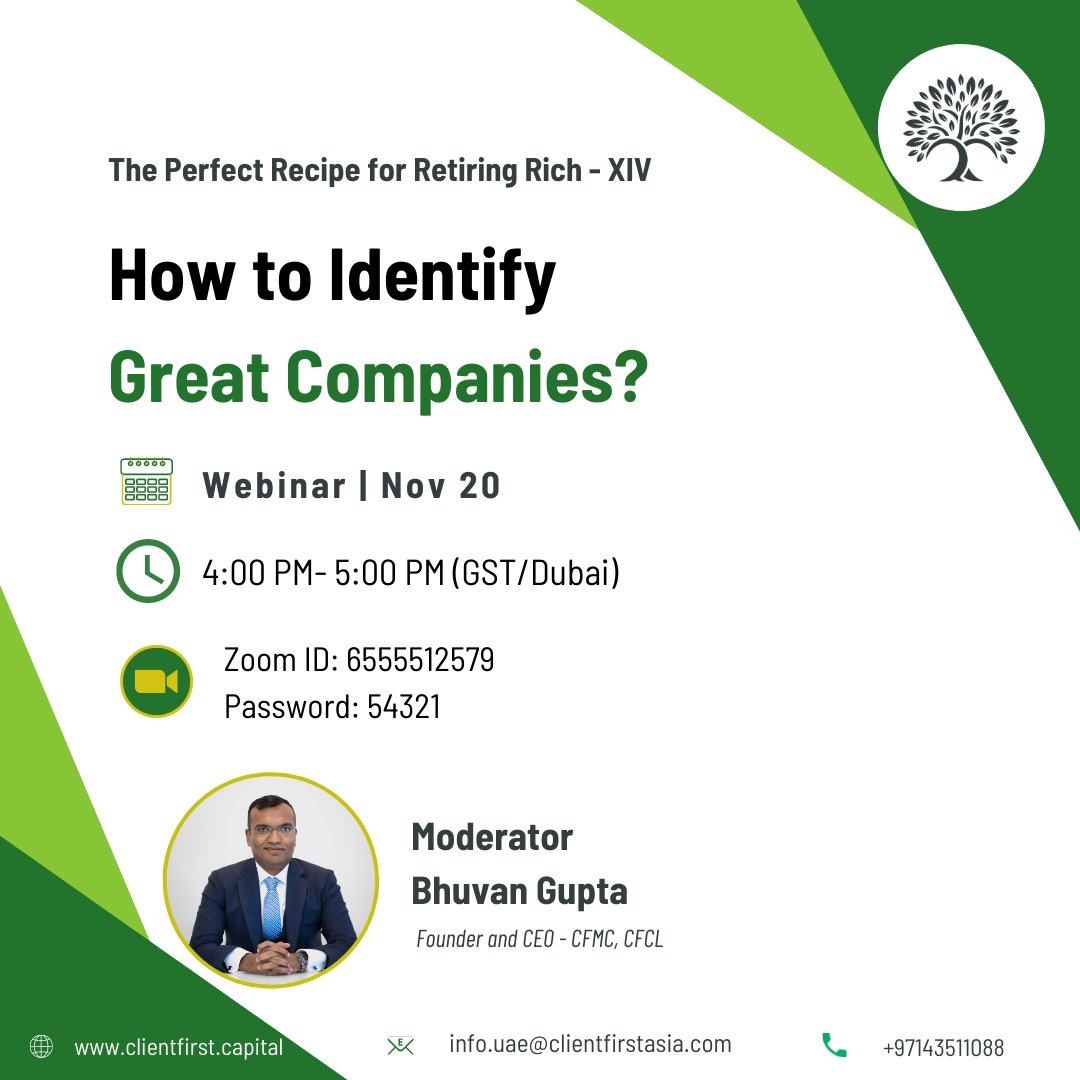 capital_client's tweet photo. We at Client First Capital value you, your money and your peace of mind. Call us now. Client First Capital : +971 4 351 1088

Please find the video link of PRFRR - XIV  | How to Identify Great Companies ? | @Bhuvan Gupta 
https://t.co/YbO6djcBXm
⠀ https://t.co/1X3YJg1WQ3