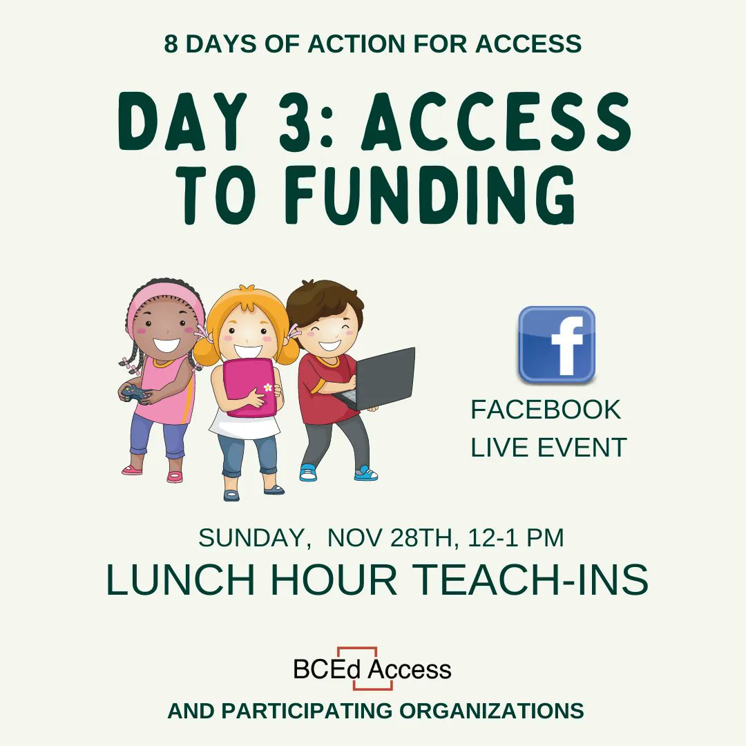 BCEdAccess's tweet photo. Join us tomorrow for Day 3 of 8 Days of Action for Access! Parents join together to talk about that big #bced Issue - Access to Funding! How does it work? What are the challenges? Like our Facebook page to get notified when we go live, 12 pm Nov 28⠀
#AccessDelayedIsAccessDenied https://t.co/eD4IAVhGbE