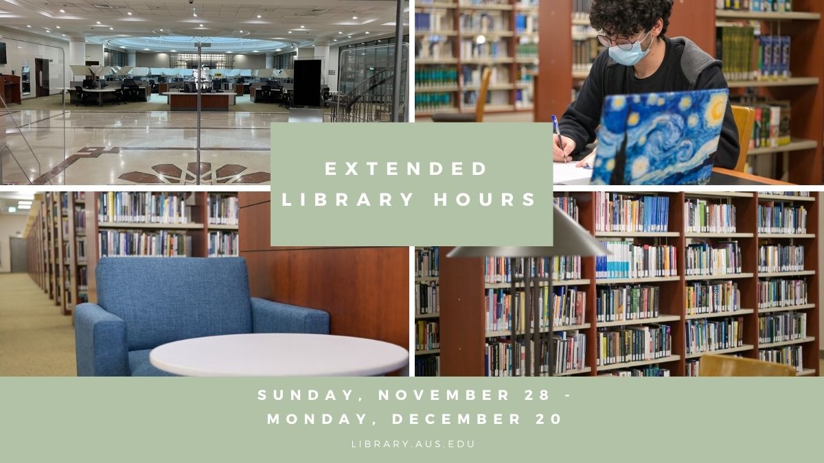 The library offers extended hours starting today through the end of the final exam period. Visit library.aus.edu for a complete listing of our hours. 

#auslibrary #finalexams #exams #study #studying
 #collegelife #yougotthis #yearend #semester #endofsemester