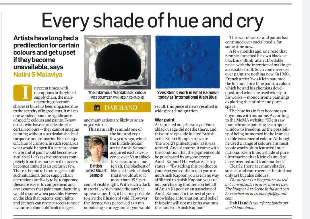 Artsceneindia's tweet photo. Every Shade of Hue and Cry in today's Deccan Herald
#artcolumn #artconsultant #ArtCurator #anishkapoor #paint #artists #blue #black #colours #writersofinstagram #writing #artwriter https://t.co/vacQaAFapl