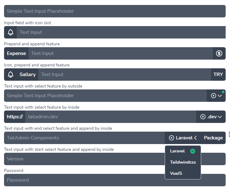 siyan_alekov's tweet photo. There is a new text input component. It has now a lot of features!
-Icon
-Prepend and append fields
-Combined input field like text+select, here it is!
#Laravel #VueJS #tailwindcss #javascript #uidesign #uiux #design #webdevelopment #webdeveloper #webdev #tailadmin #Opensource https://t.co/DwOIi777pZ