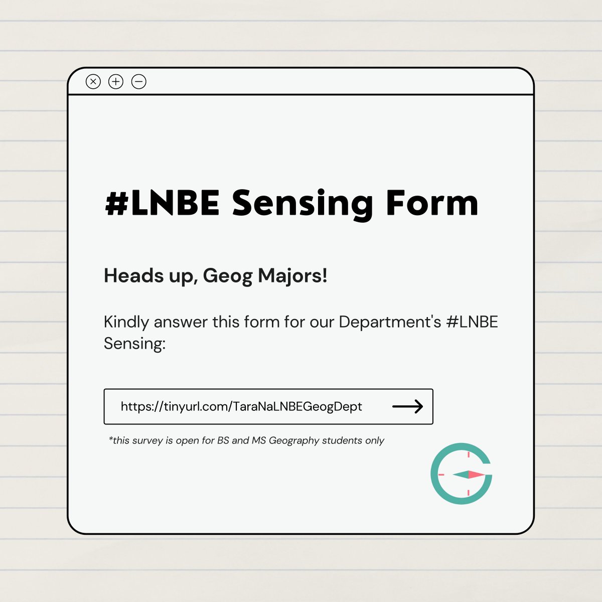 geomajie's tweet photo. [GEOG DEPT #LNBE SENSING]

Heads up Geog Majors! In anticipation of the potential implementation of blended learning, the Geomajie Core Group will be conducting an #LNBE sensing to know insights on face-to-face learning of Geography majors this semester. https://t.co/sgb8L4GbrG