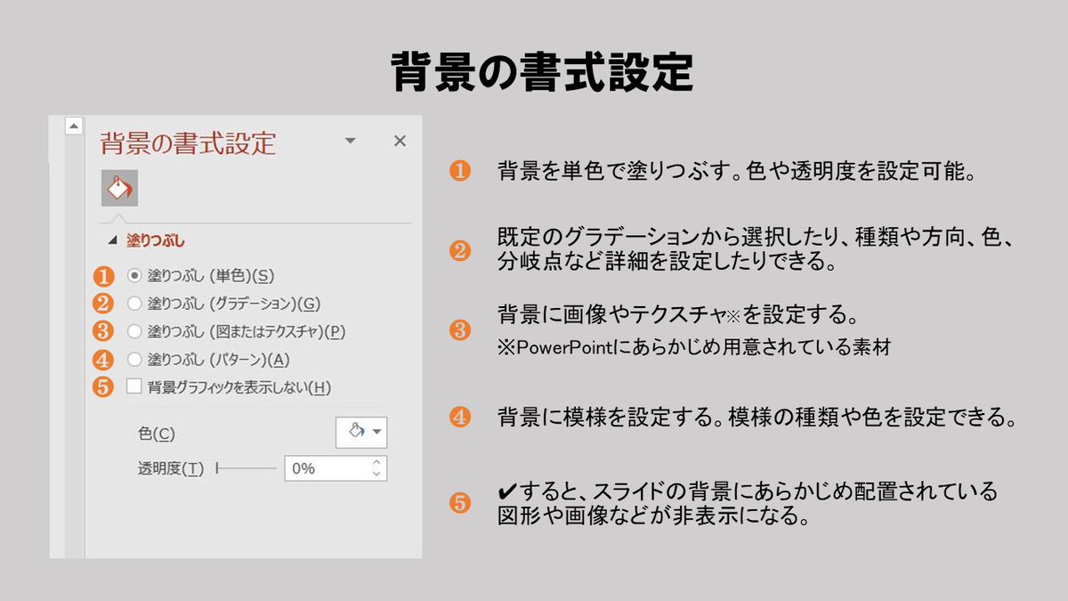 pa_internship's tweet photo. スライドデザインTips
背景の書式設定

「知ってはいるけどなんとなく使っている。」そんな人が多いのではないかと思っています。
塗りつぶし（単色）はわかっても、塗りつぶし（図またはテクスチャ）ってなんだろと思ったことの��る同士はご確認あれ。

#PowerPoint https://t.co/w8YnQVOaMc