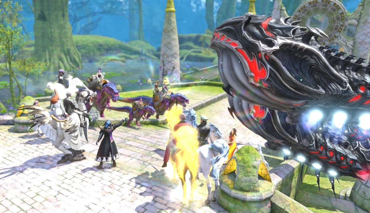 ohnerdjoy's tweet photo. My character in #FFXIV got married today before #Endwalker release. Our FC gave us a whale and dino send off. 😆 goal accomplished https://t.co/CUpnoBRejX