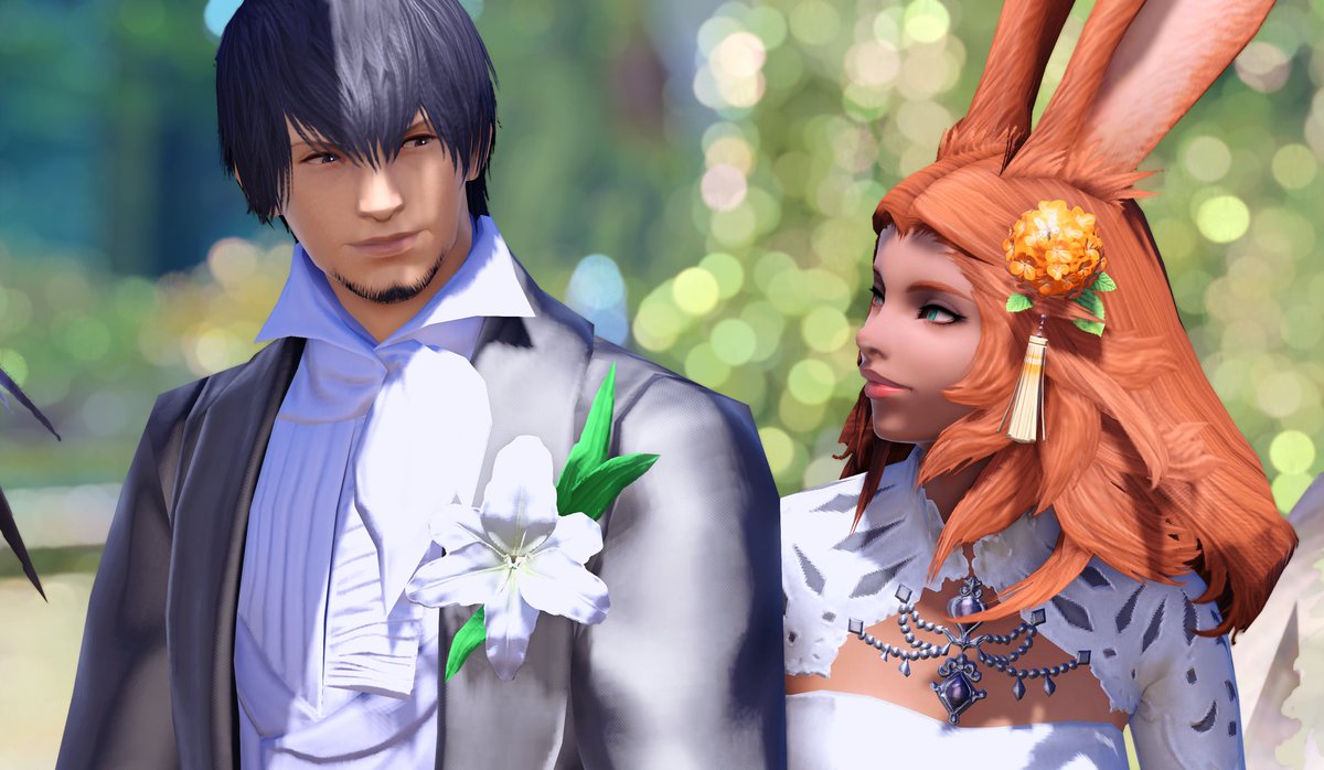 ohnerdjoy's tweet photo. My character in #FFXIV got married today before #Endwalker release. Our FC gave us a whale and dino send off. 😆 goal accomplished https://t.co/CUpnoBRejX