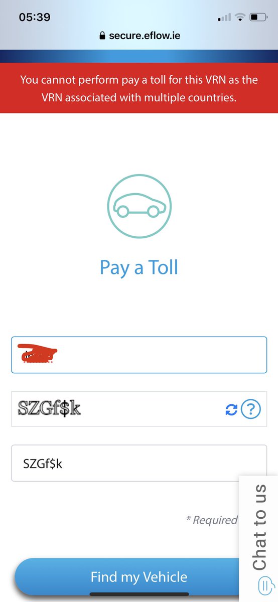 renewablesjohn's tweet photo. @eflow_freeflow this is a snapshot from your system.   showing the error for a non Irish vehicle.  There is no way to progress from here to make a payment.  This is the same on mobile and a PC. https://t.co/bCgZAMpJDz