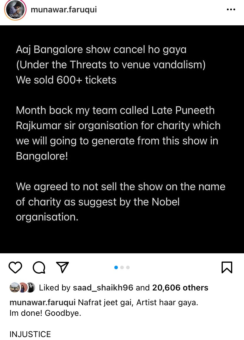 kunalpurohit's tweet photo. Now, #MunawarFaruqui show cancelled in Bengaluru, after Hindu right-wing groups issued threats against holding it.

12 shows in the last couple of months of his cancelled. 

@munawar0018 says hate has won and he is “done.” https://t.co/uycrZAgPx2