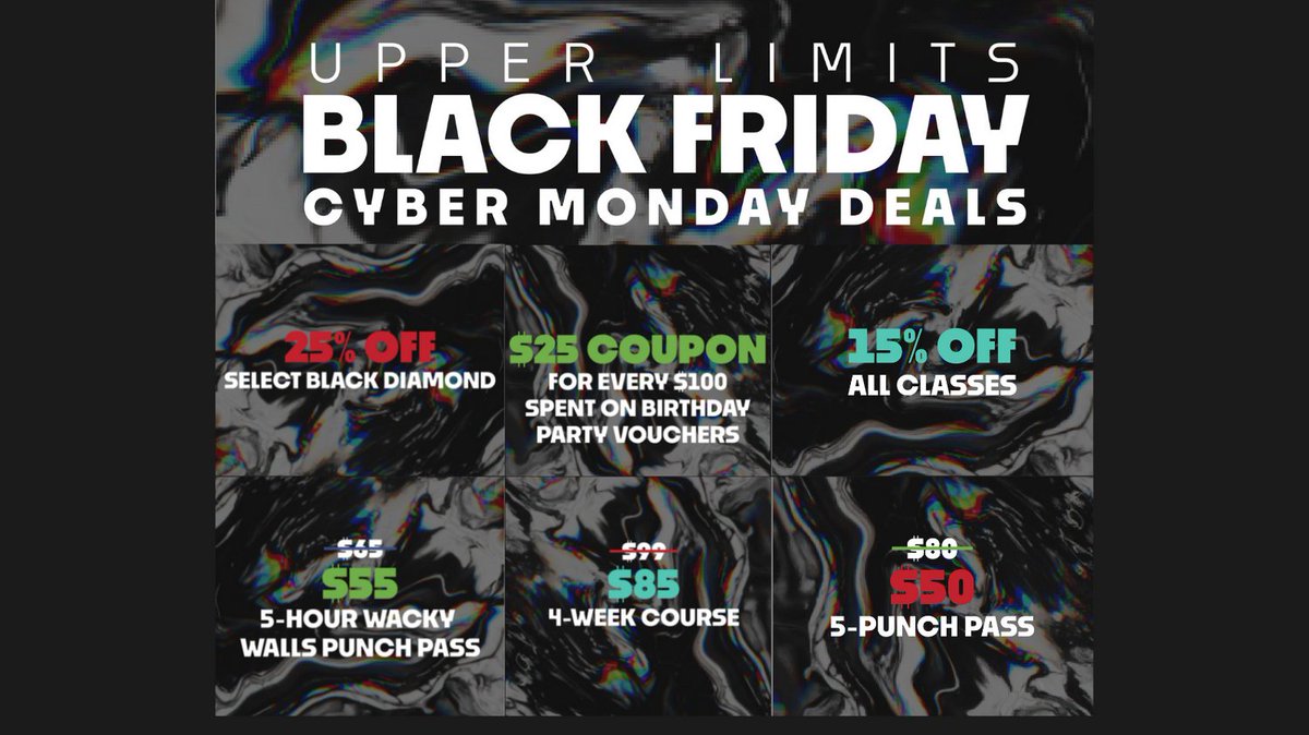 Cyber Monday Deals are here!
Don't miss out on 5-punch passes, classes, gear and more!

#cybermonday #shoplocal #climbuli